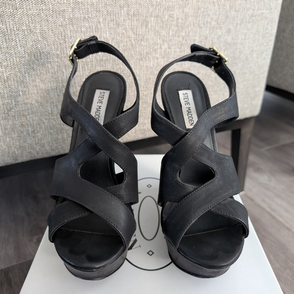 Steve Madden Black Platform Wedge Sandals, US 9.5